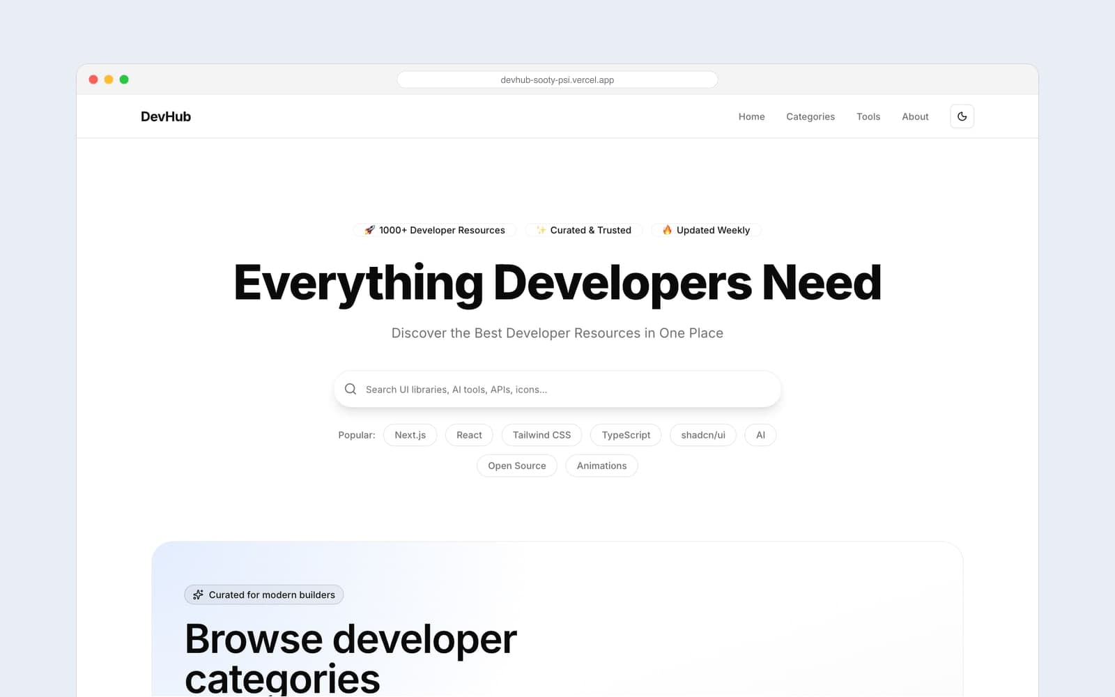 The DevHub homepage with its search bar and popular categories