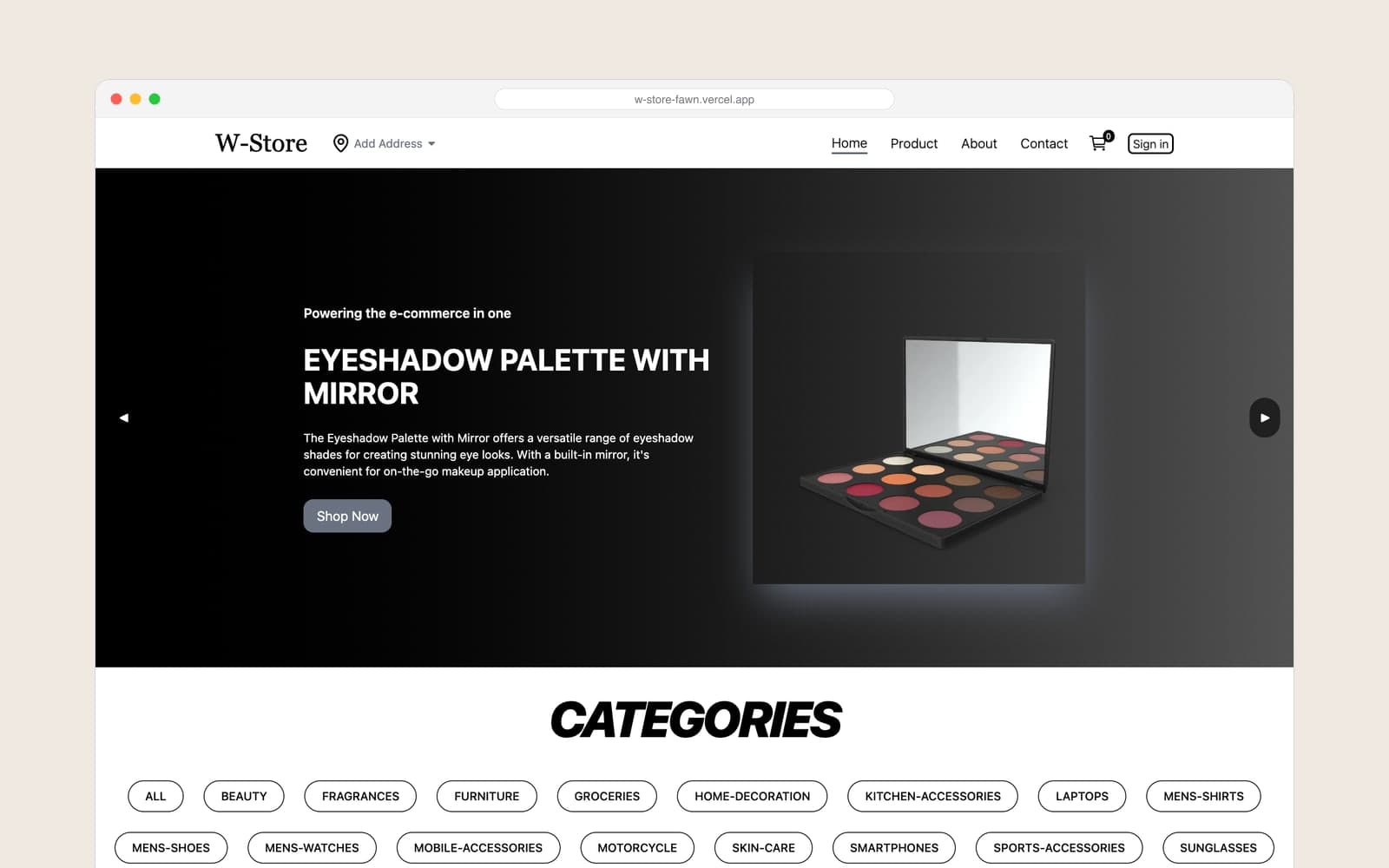 The W-Store homepage with a product carousel and categories